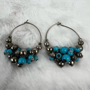 Vintage Faux Turquoise and Metallic Beaded Hoop Earrings